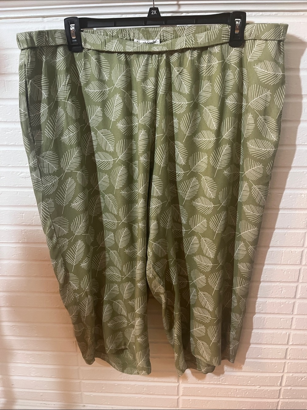Olive Green Leaf Print Wide Leg Pull-On Pants by NorthStyle